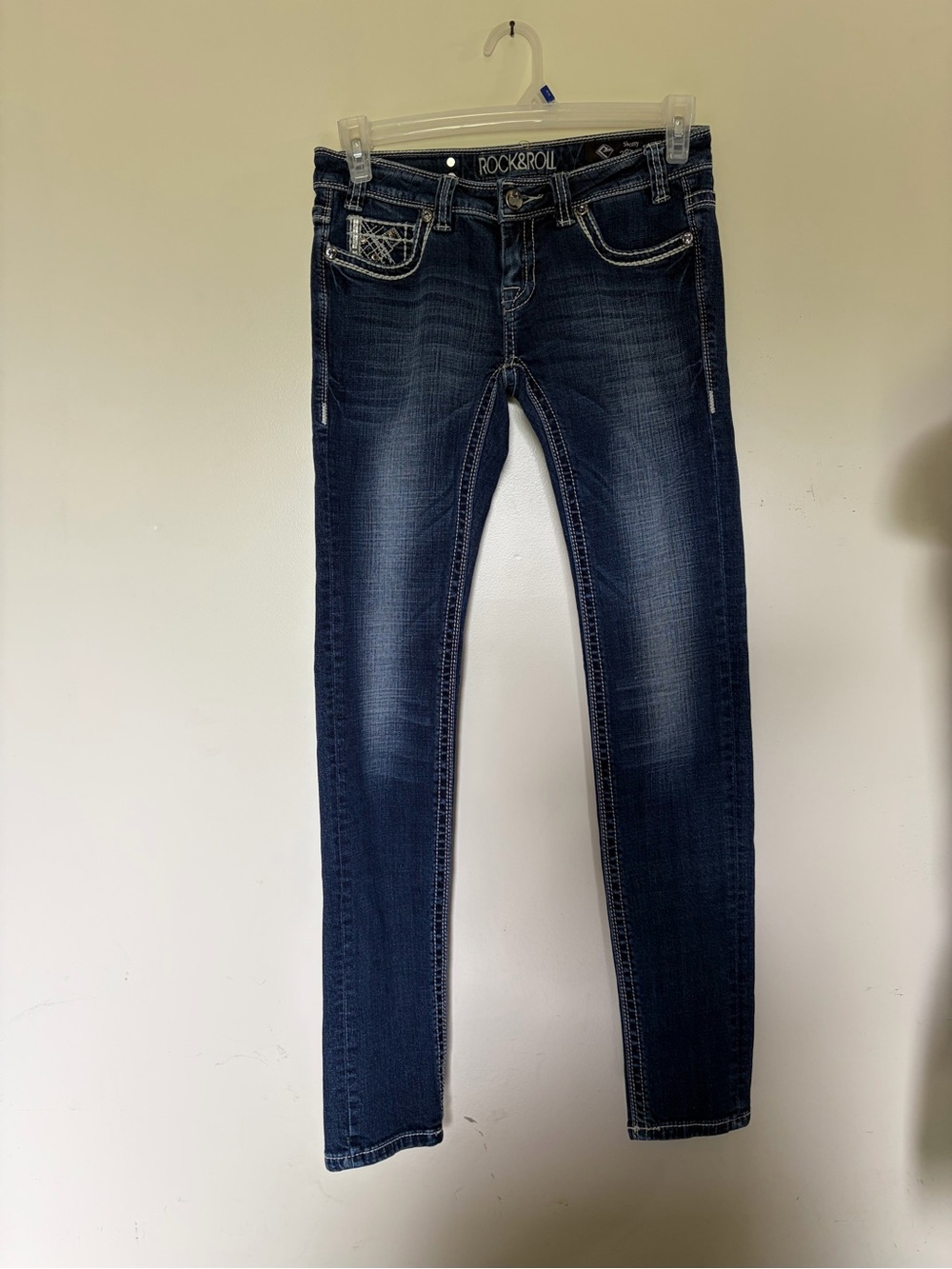 Rock & Roll Cowgirl Jeans Womens Dark Wash Embellished Rhinestone Pockets 28X34